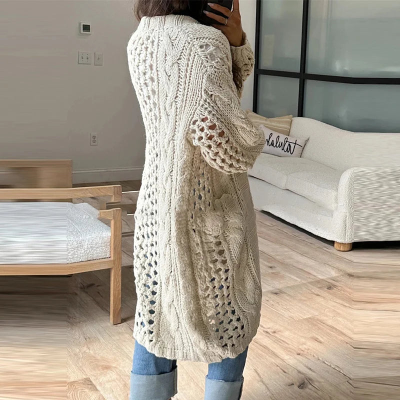 LIZAKOSHT  -  Casual Solid Color Pocket Coat Ladies Elegant V Neck Hollow Knitted Cardigan Autumn Winter Thick Warm Loose Sweater Outwear