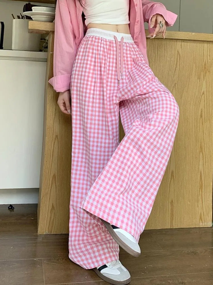 LIZAKOSHT  -  Spring Summer Thin High Waist Women's Plaid Wide Leg Pants Casual Elasticded Trousers Vintage Loose All-match Pants