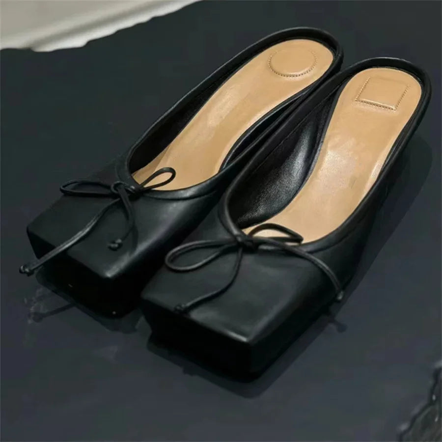 LIZAKOSHT  -  Fashion Square Toe Women Slippers High Heel Dress Pumps Red Shoes Woman Luxury Bowknot Ladies Sandals Runway Mules