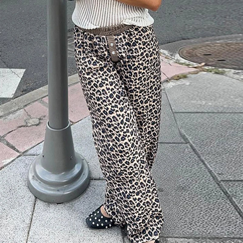 LIZAKOSHT  -  Leopard Print Patchwork Straight Pants Elastic Waist Fashion Harajuku Trousers Aesthetic 2000s Casual Baggy Bottom