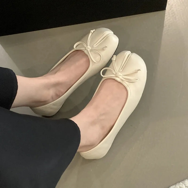 LIZAKOSHT  -  New Spring Split Toe Nude Shoes For Women Butterfly-Knot Shallow Low Heel Round Toe Flat Female Shoes Designer Luxury Brand Cool