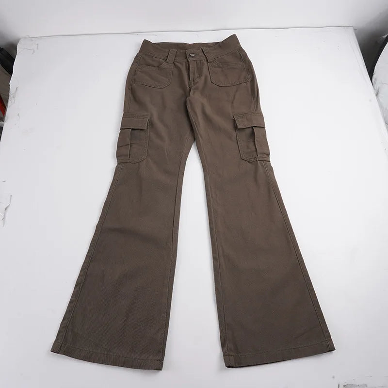 LIZAKOSHT  -  Vintage Low Rise Cargo Flare Pants Multi Pocket Streetwear Trousers