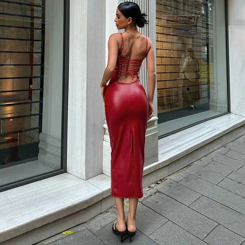 LIZAKOSHT  -  Solid Color Women Clothing Summer Fashion PU Sexy Open Back Lace-Up High Waist Wrap Hip Split Spaghetti Strap Dress