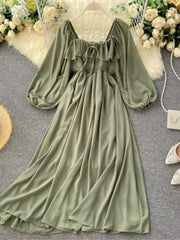Lizakosht Elegant Square Collar Maxi Dress Women Solid Chiffon Puff Long Sleeve Elasticized Waist Korean Fashion Vintage Ruffle Vestidos