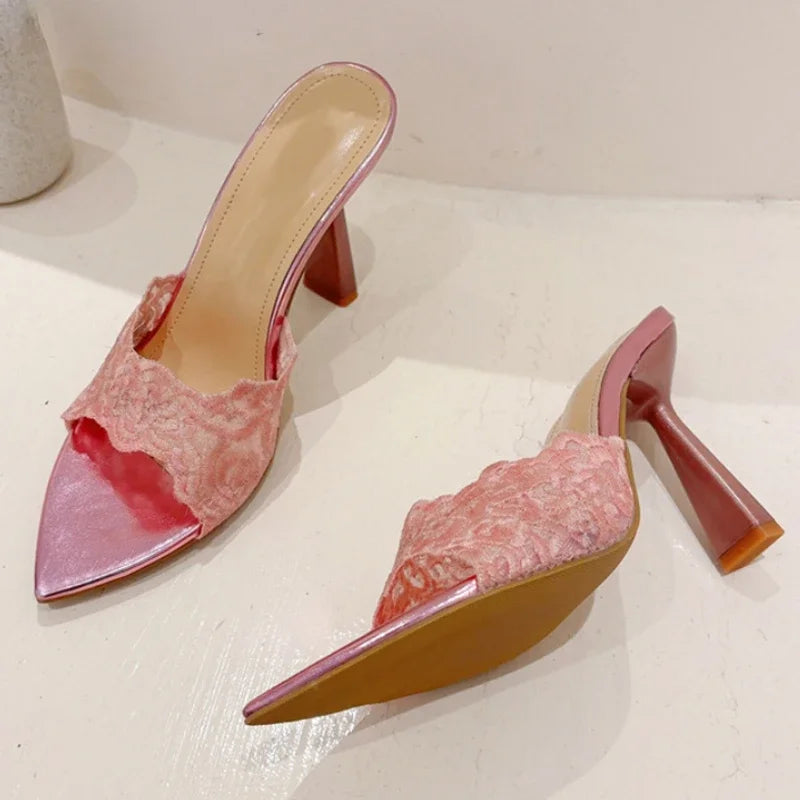 LIZAKOSHT  -  Embroidery Designer High Heels Slippers Women Sexy Pointed Toe Party Dress Shoes Summer Elegant Fashion Thin Heels Sandals Women