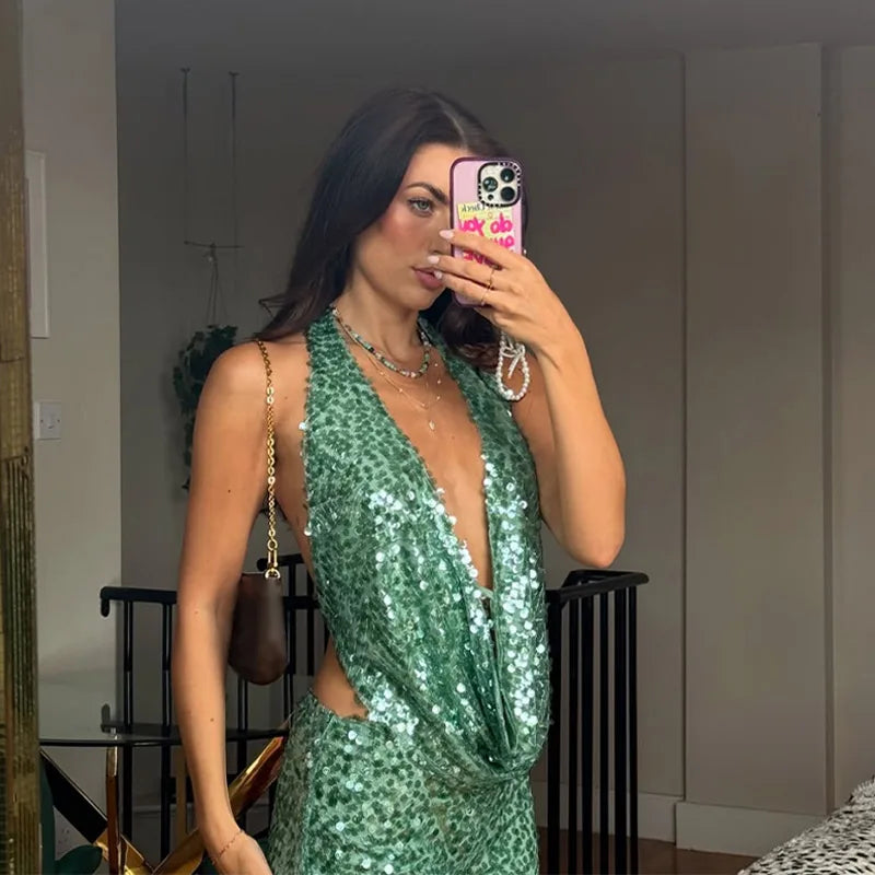LIZAKOSHT  -  Sexy V-neck Sequin Top Short Pants Set Fashion Sleeveless Backless Vest High Waist Pant Suit 2025 Lady Summer Chic 2 Piece Sets