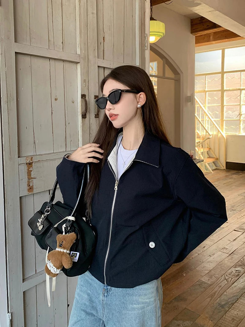 LIZAKOSHT  -  Reversible Jacket Women Spring Fall Simple Vintage Striped Baseball Zipper Chic Golf Outwear Harajuku Classic Commute Tops