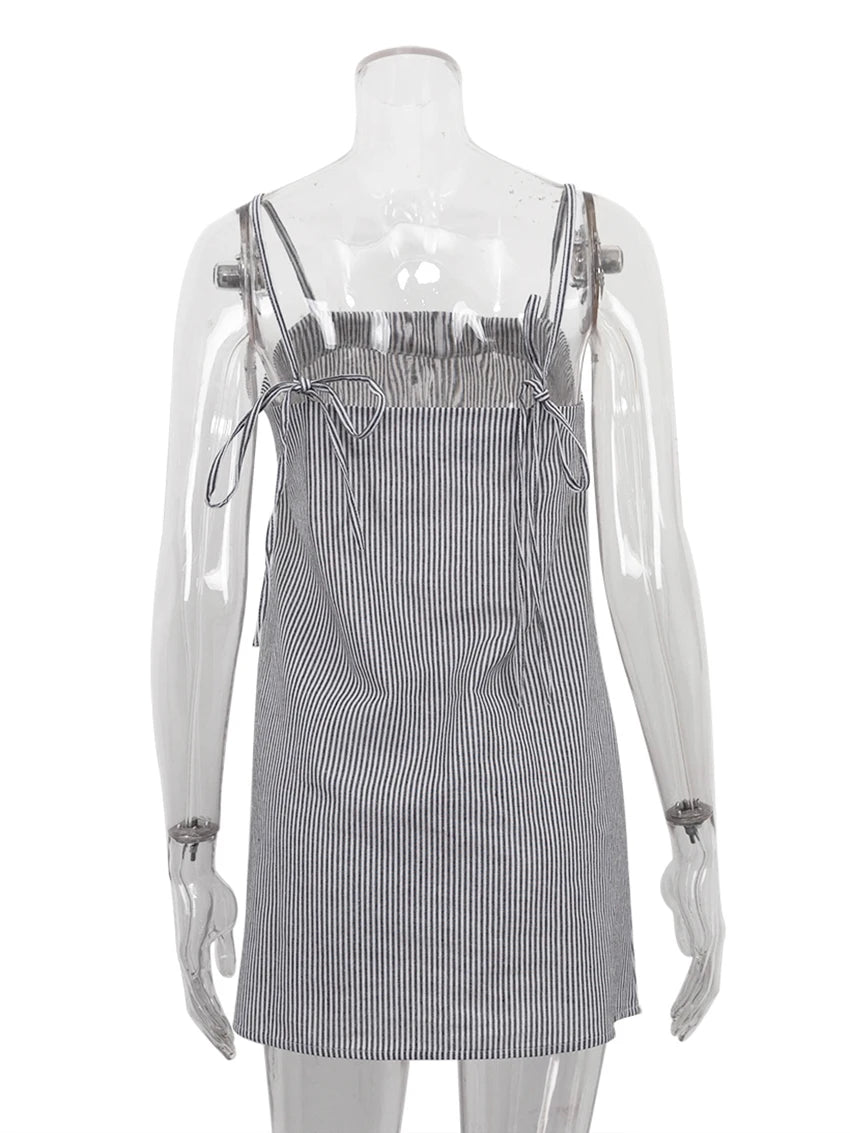 LIZAKOSHT  -  Striped Ladies Pajamas Backless Sleepwear Sexy Lace Up Spaghetti Strap Nightgowns Fashion Mini Dress Female Pyjamas
