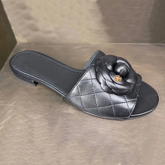 LIZAKOSHT  -  new designer camellia flower slippers women plaid leather slides shoes floral buckle leather flip flops woman flat sandales