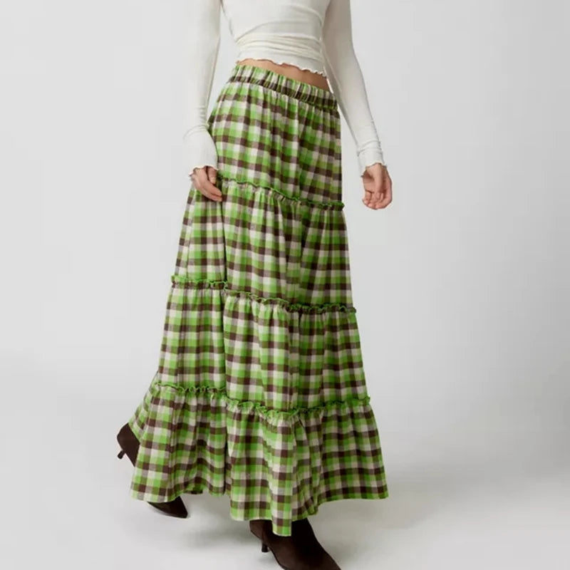 LIZAKOSHT  -  Y2k Women Gingham Tiered Maxi Skirts A Line Ruffle Plaid Midi Skirt Summer Beach Casual Loose Flowy Long Skirt