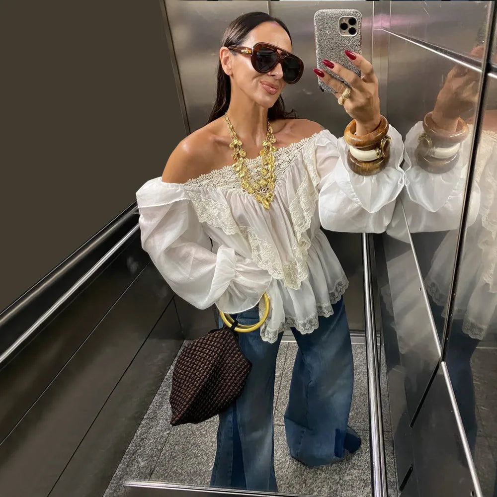 LIZAKOSHT  -  Sexy Off-Shoulder Lace Patchwork T-Shirt Top Women Lantern Sleeve Fashion Casual Solid Female T-shirt Top Streetwear