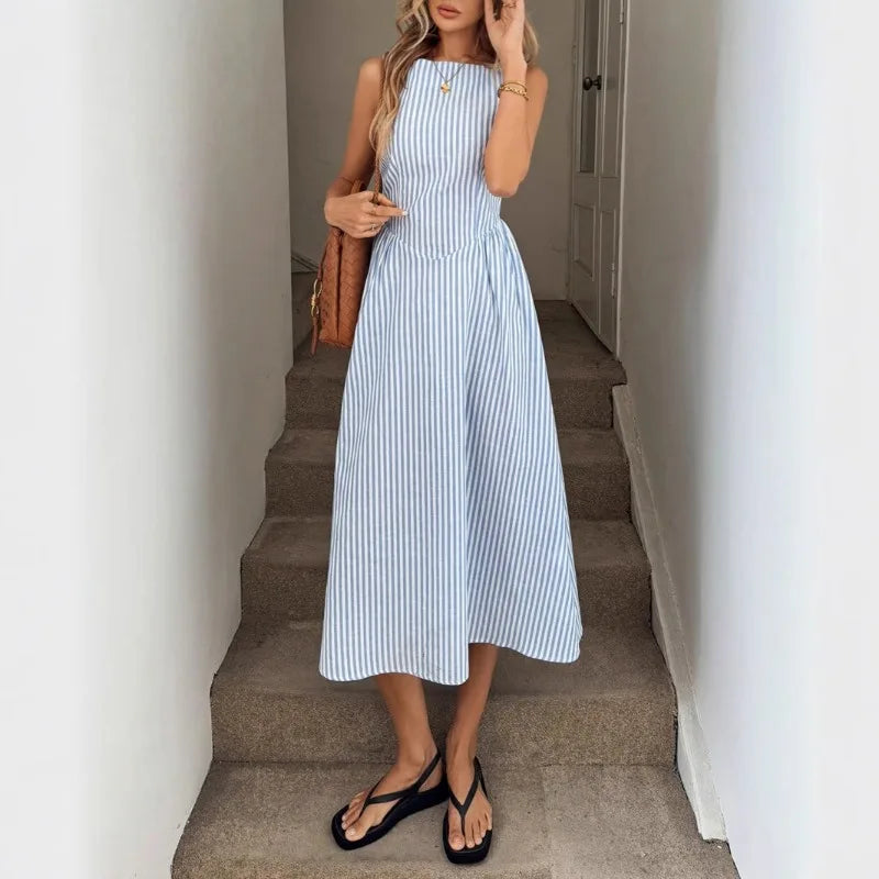 LIZAKOSHT  -  Women's Sleeveless Vertical Striped Midi Dress Elegant High Waist A-Line Vacation Dress