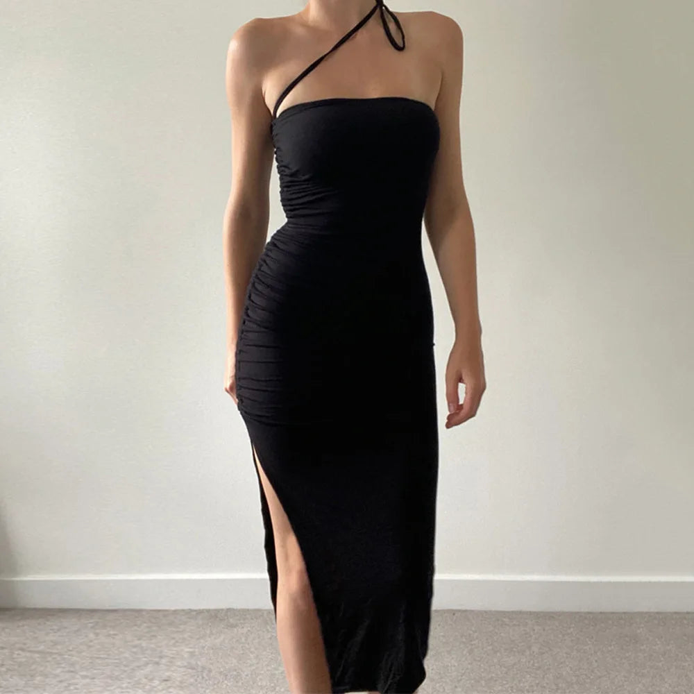 LIZAKOSHT  -  Summer New Dstring Pleated ter Dr Sexy Tight Wrap around Bodycon Long Skirt without Sve Polyester Fiber Midi Dr