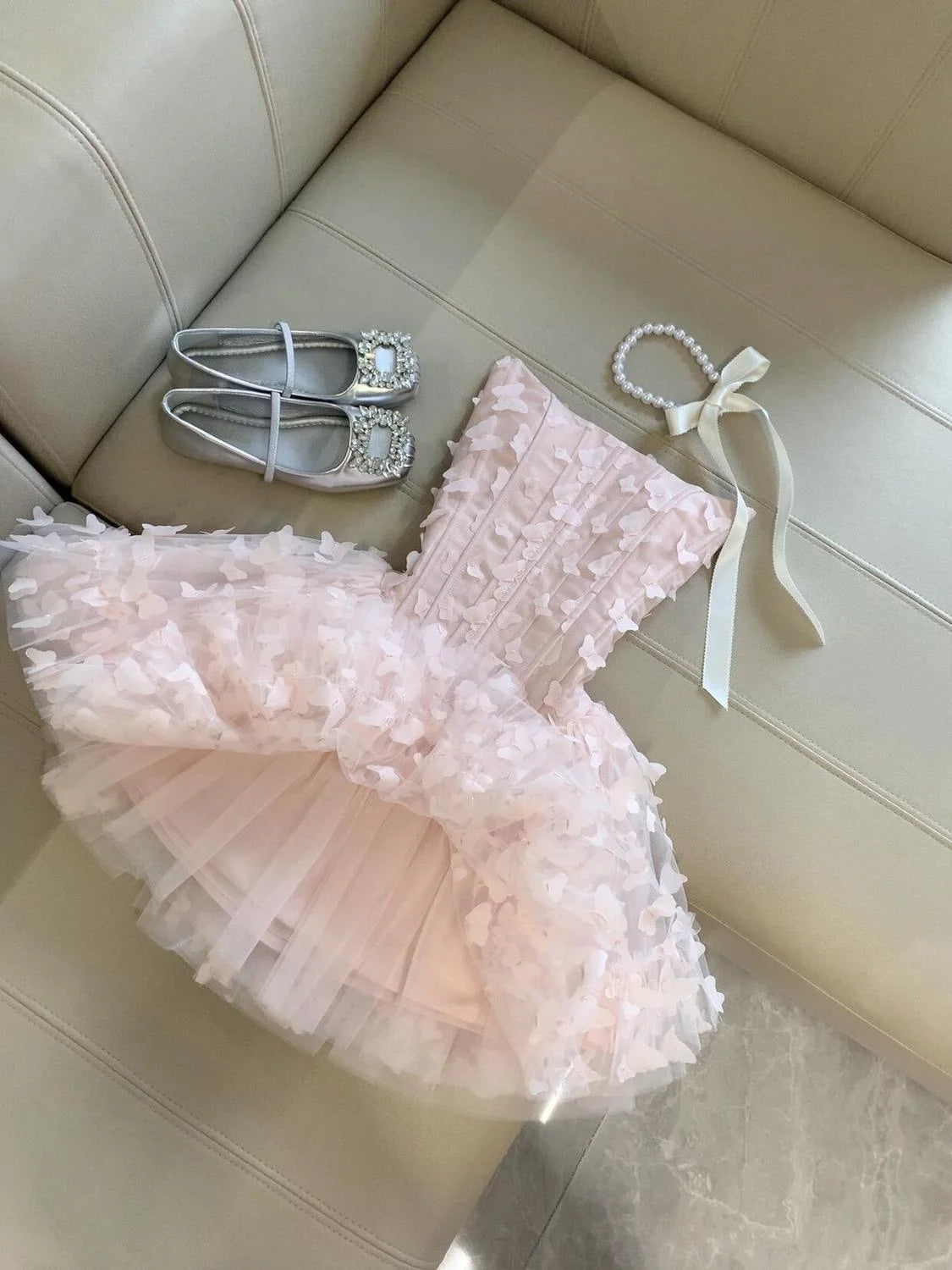 LIZAKOSHT  -  Women Strapless Pink Dress Summer Sweet Butterfly Mesh Mini Dress Slim Elegant Fairy Style Layered Ruffle Skirt Princess Outfits