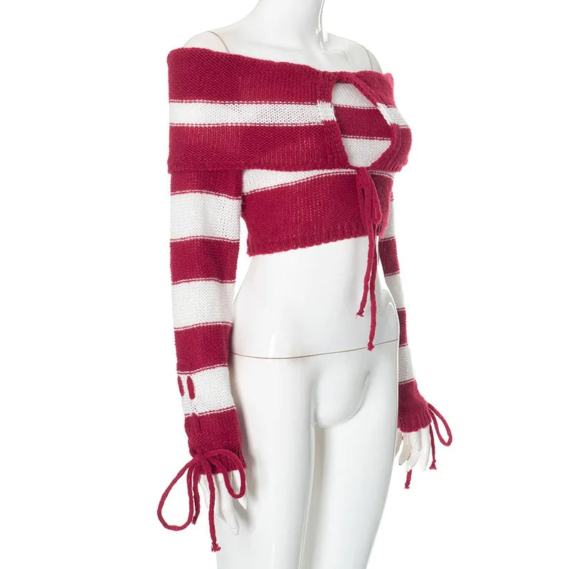 LIZAKOSHT  -  Knitted Sexy Off Shoulder Striped Women Sweater Red Long Sleeve Lace Up Sweater Female Autumn New Casual Streetwear