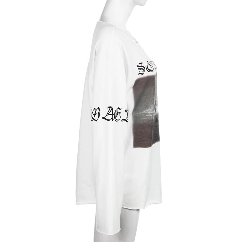 LIZAKOSHT  -  Vintage Letter Print Casual Tops Streetwear Off Shoulder Full Sleeve T-shirts All-match American Style Long Tees Autumn