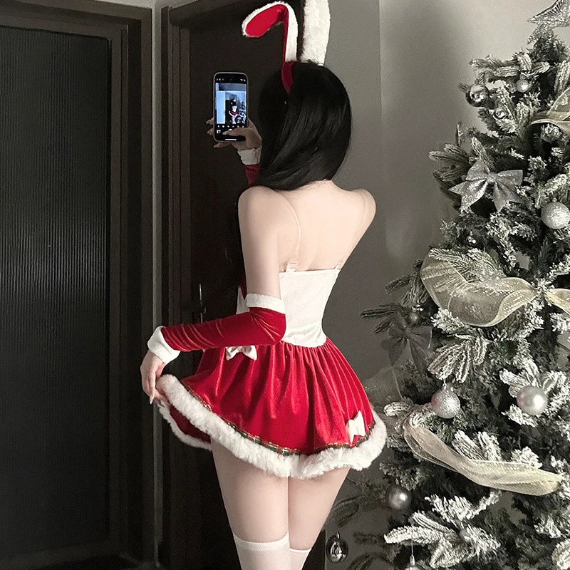  LIZAKOSHT  -  Women Christmas Bunny Costume Off Shoulder Mini Dress Set Cute Rabbit Ear Headband Neck Cuff Long Sleeve Gloves Party Outfit