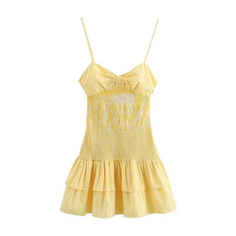LIZAKOSHT  -  New Fashion Vintage Beach Mini Dress for Women 2024 Summer Holiday Women Casual Small Plaid Bow Yellow Dress Elegant Vestidos