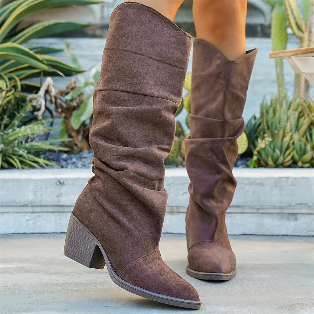 LIZAKOSHT  -  Big Size 43 Wasteland style Brown Knee High Boots Women Vintage Cowboy Boots Wide Legs Fit Shoes Square High Heels Western Boots
