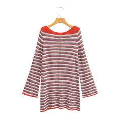 LIZAKOSHT  -  Women Long sleeve Hollow Out Knitwear Jumper Knitwear Autumn Crew neck Contrast Color Striped Midi Pullover Sweater