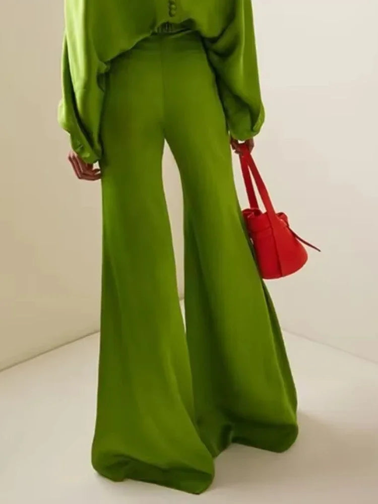 LIZAKOSHT  -  Traf Women's Pants High Waist Green Trousers New Spring Split-Joint Loose Wide Leg Pant Streetwear Casual Bottoms