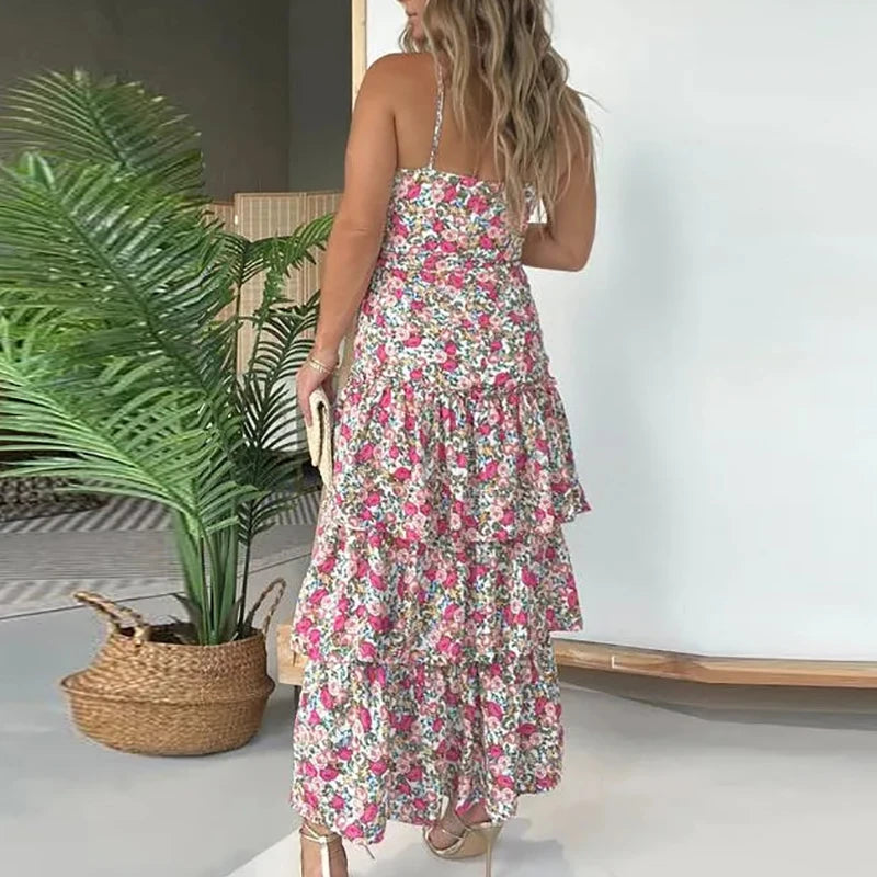 LIZAKOSHT  -  Sweet Summer Cake Layered High Split Dress Chic Women Lace-up Pattern Printed Club Dress All Match Strap Spaghetti Party Dress