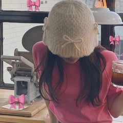 Lizakosht Ins Bow Decoration Cute Women's Hats Autumn and Winter Korean Version Casual Versatile Solid Color Warm Knitted Bucket Caps