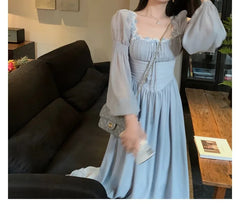 LIZAKOSHT  -  Korea Style Women's Long Nightdress Solid Square Collar Lace Patchwork Ladies Nightgown Long Sleeve Princess Night Dress Female