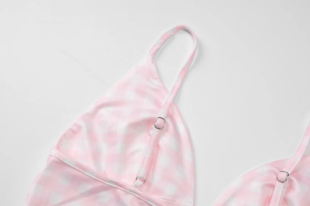 LIZAKOSHT  -  Girls Summer Deep V-neck Plaid Camisoles Y2K Woman Clothing Sexy Sleeveless Backless Crop Tops Pink Corset Streetwear