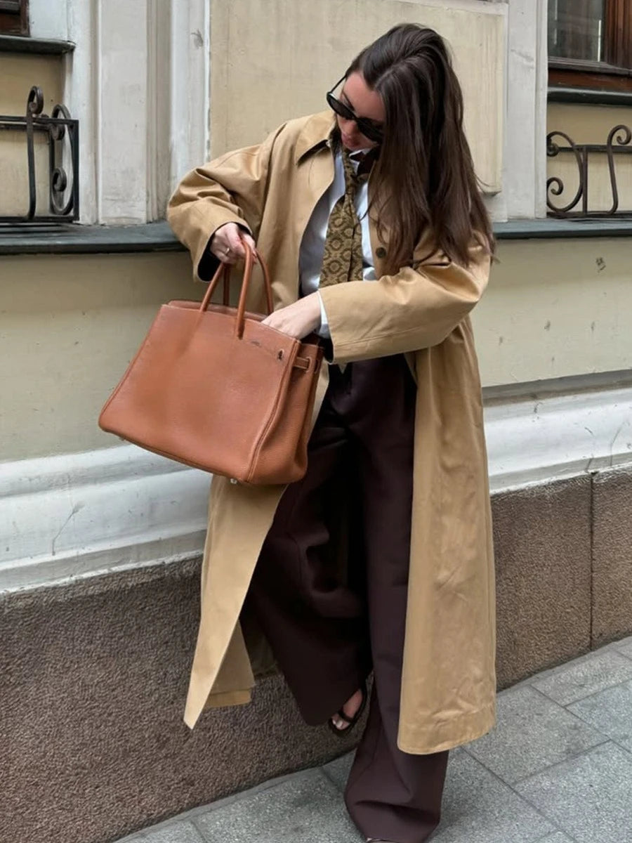 LIZAKOSHT  -  Elegant Cotton Trench Coats for Women 2025 Autumn Turn-down Collar Single Breasted Long Outerwears Ladies Windbreaker