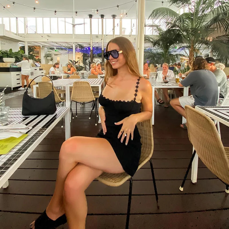 LIZAKOSHT  -  Lace Trim Slim Fit Bodycon Dress Sexy Spaghetti Strap Mini Dress with Waist Cinching Sleeveless Clubwear Party Dresses