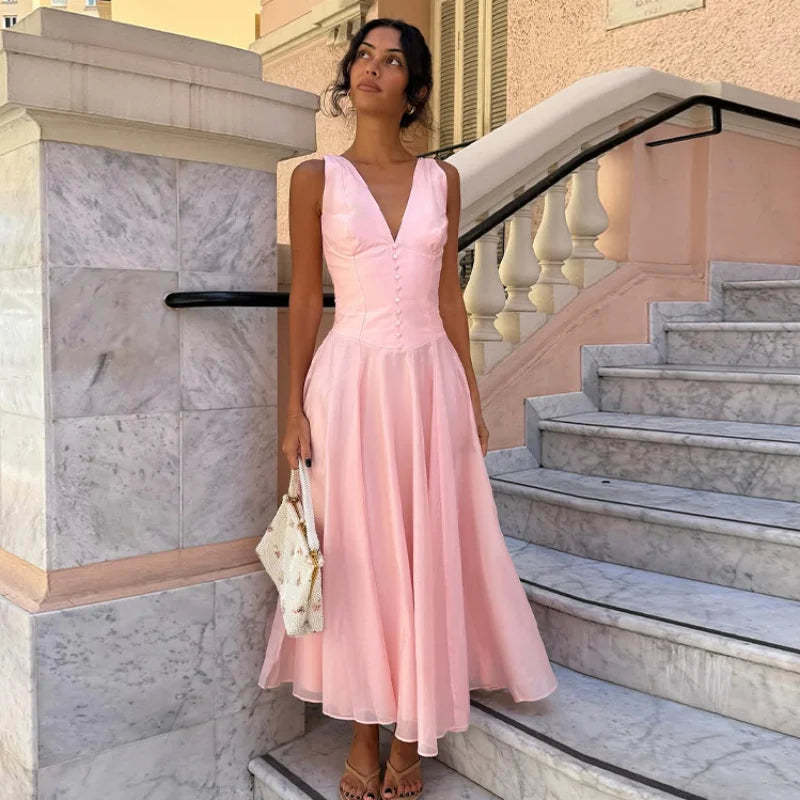 LIZAKOSHT  -  Elegant Flowing Dress V-neck Sexy Sweet Summer Party Date Dressing Charming Fashionable Feminine Evening Gown For Women