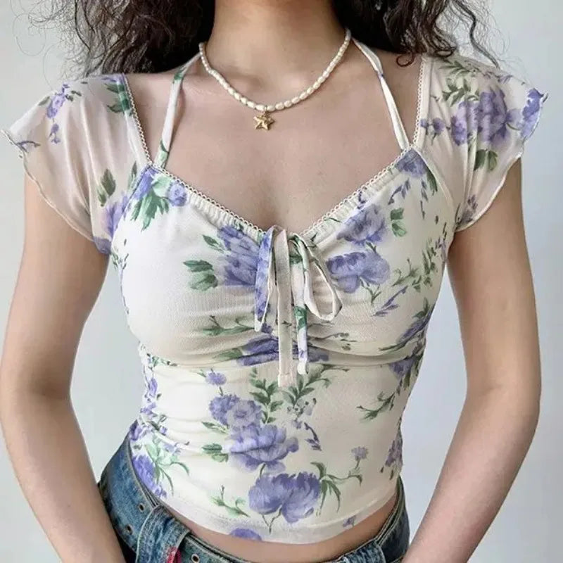 LIZAKOSHT  -  European and American Style Printed Mesh V-neck Short Sleeved T-shirt, Summer Slim Fit, Waistband, Hanging Neck Short Top