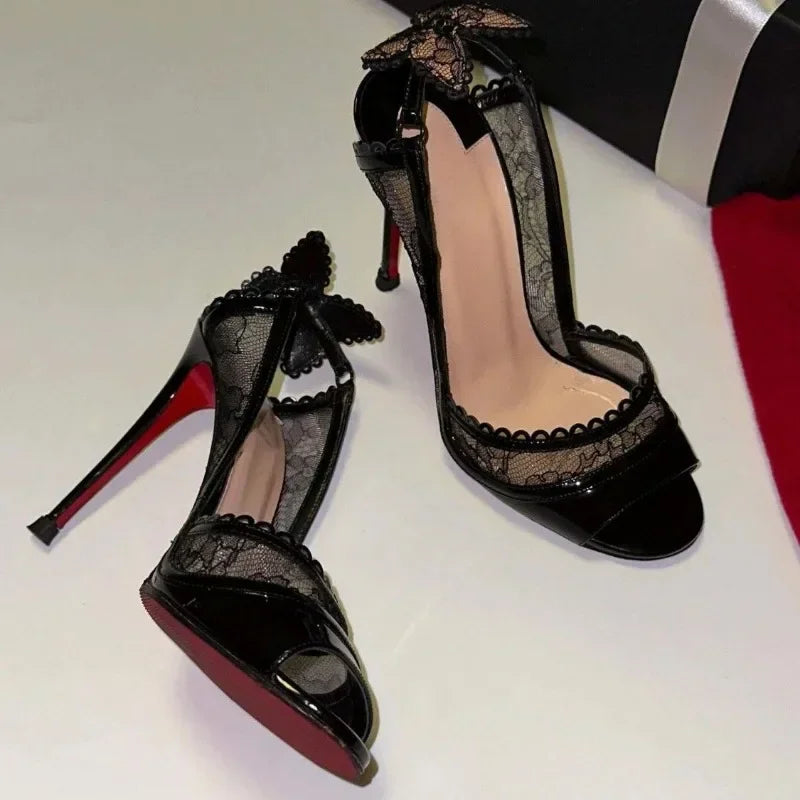 LIZAKOSHT  -  Sexy Lace Bowknot Thin Heels Women Summer 2025 Peep Toev Slingback Sandals Female Designer Brand Party Women Pumps Zapatos Mujer