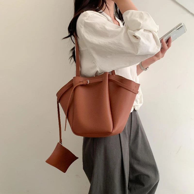 LIZAKOSHT  -  Soft PU Large Capacity Tote Bag Women Fashion Korean Style Commuter Shoulder Bag Solid Color Retro Minimalist Handbag
