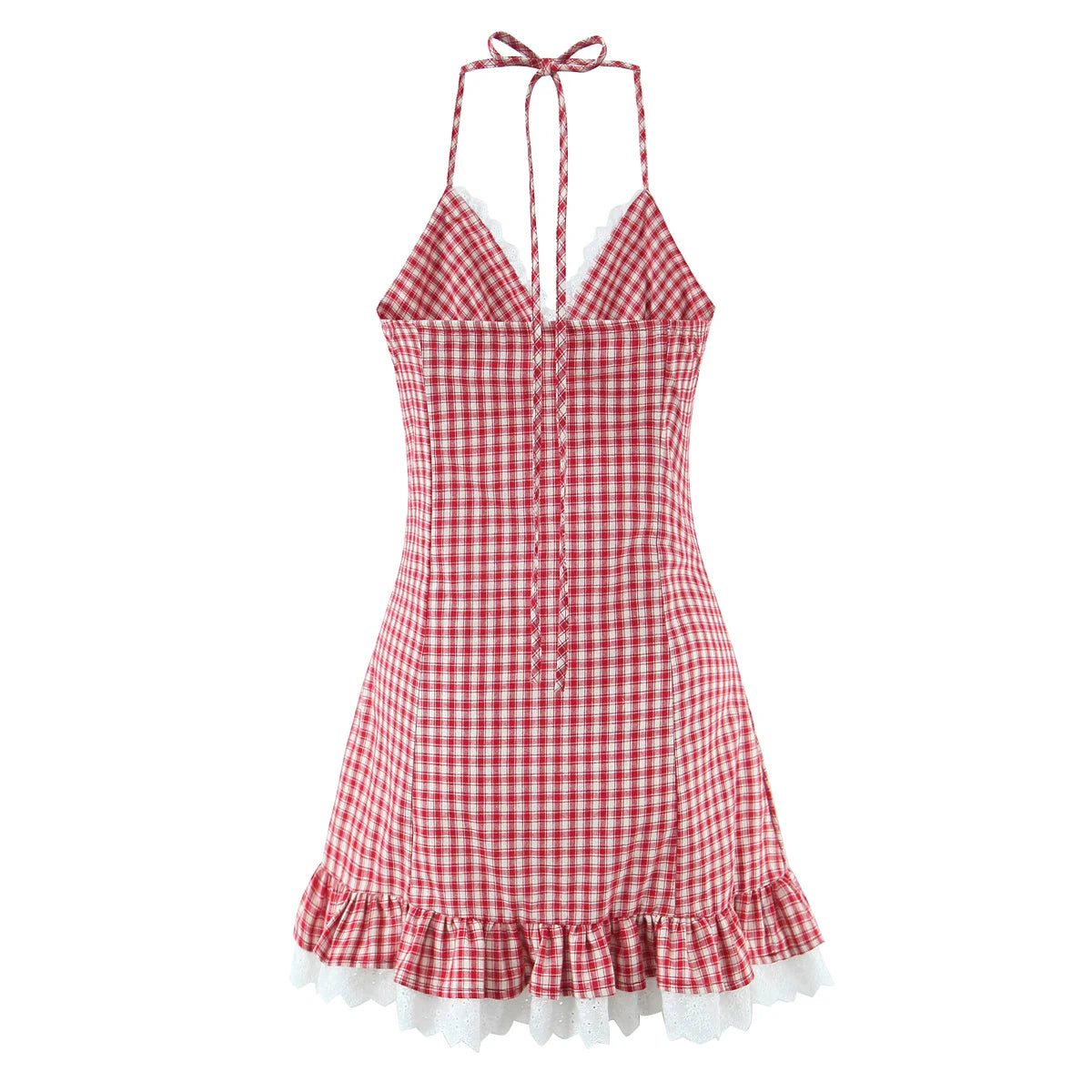 LIZAKOSHT  -  Sexy Red White Plaid Spliced Lace Lacing Up Bow Halter V Collar Mini Dress Women Ruffles Hem A-line Short Dresses Robe Vestidos