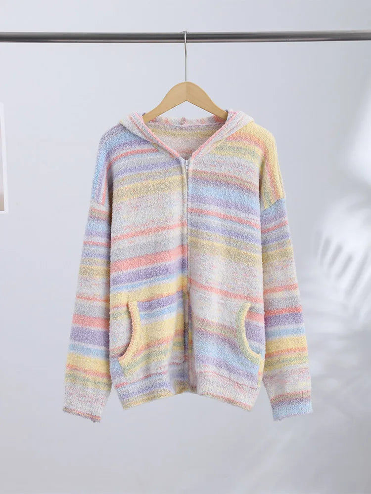 LIZAKOSHT  -  Knitted Rainbow Sweater Woman Hooded Cardigan Colorful Loose Knitwear Long Sleeve Jacket Zipper Coats Autumn Winter Outerwears