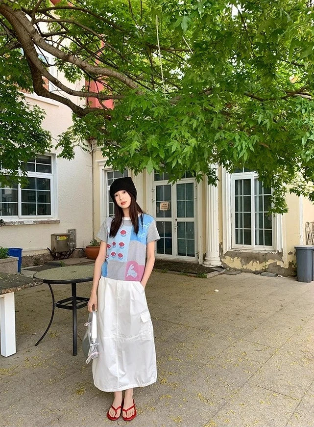 LIZAKOSHT  -  Korean chic  Summer O Neck Short Sleeve Geometric Print Cartoon Slim Women's T-shirts