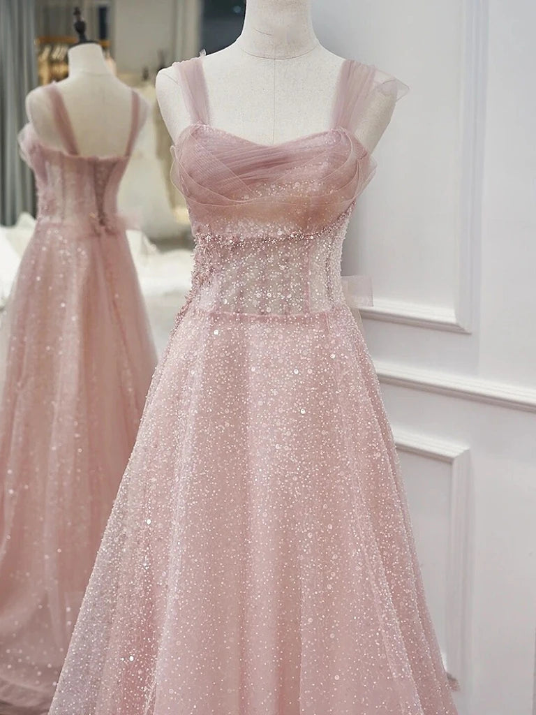 LIZAKOSHT  -  Elegant Pink Bridesmaid Dresses Wide Spaghetti A-line Shiny Handmade Beading Sleeveless Formal Wedding Party Prom Evening Gowns