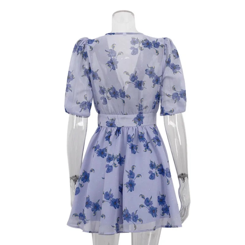 LIZAKOSHT  -  Deep V Neck Print Dress For Women Fashion Patchwork Pleated See Through Mini Dresses Slim Sexy Party A-Line Dress 2025