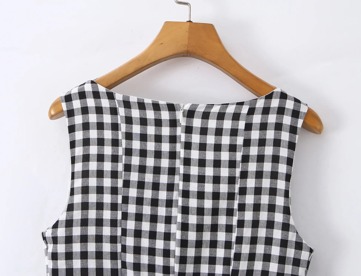 LIZAKOSHT  -  Sexy Red Gingham Plaid Mini Sleeveless Dress Women Bow O Neck Zipper Back Low Waist Ruched Hem Swing Tank Dresses Vestidos Black