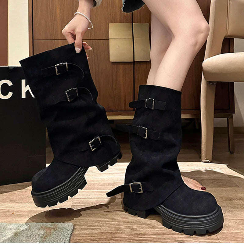LIZAKOSHT  -  Winter Fashion Platform Thick Heel Woman Knight Boots Fashion Belt Buckle Slip On Mid Calf Booties