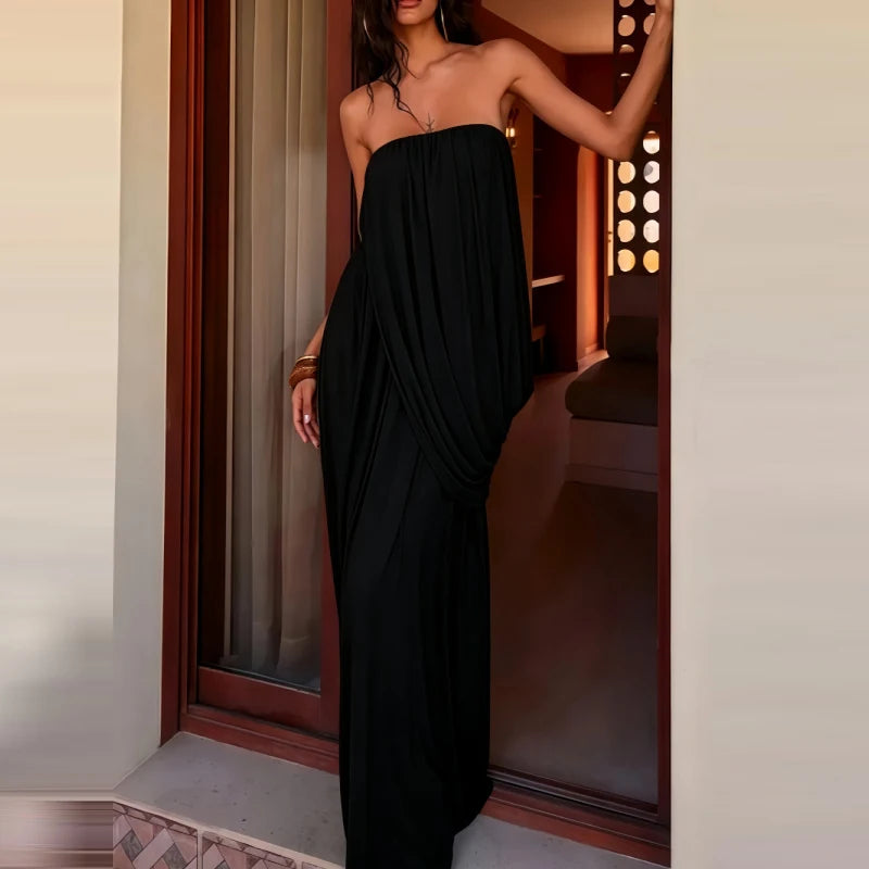 LIZAKOSHT  -  Women Elegant Draped Design Split Long Dress Summer Fashion Backless Party Dress Strapless Sleeveless Solid Color Cocktail Dress