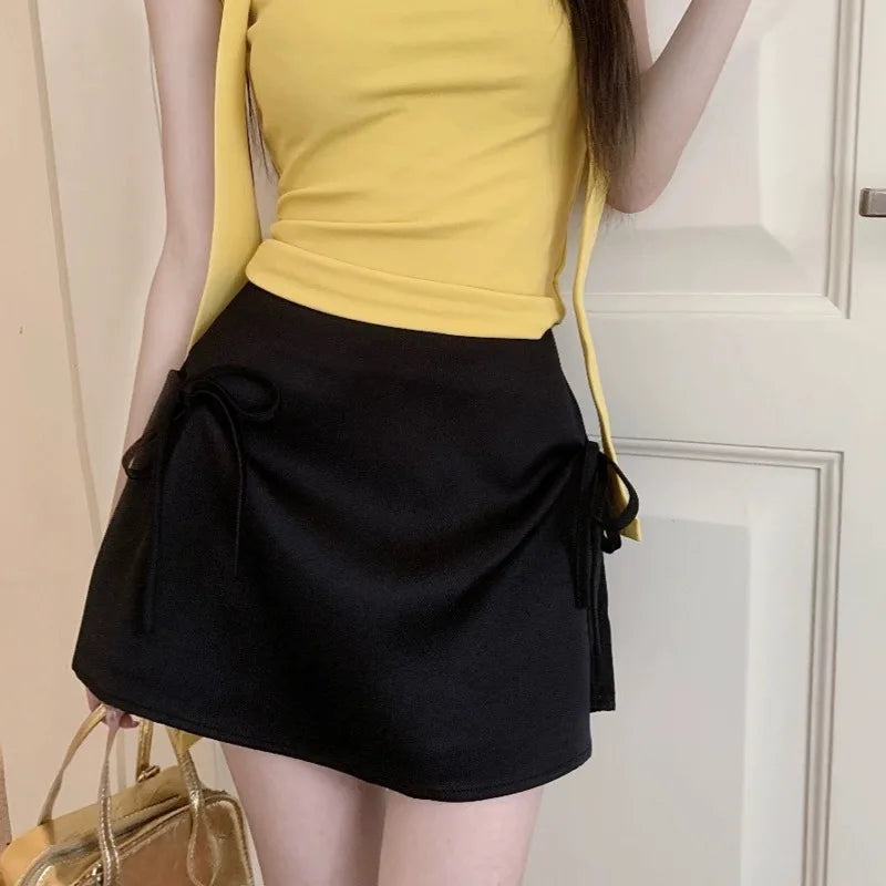 LIZAKOSHT  -  Bow Lace-up Satin Y2k Mini Skirts A-Line Pink Korean Style Skirts High Waist Zipper Sexy Slim Skirts Sweet Short Skirt For Women