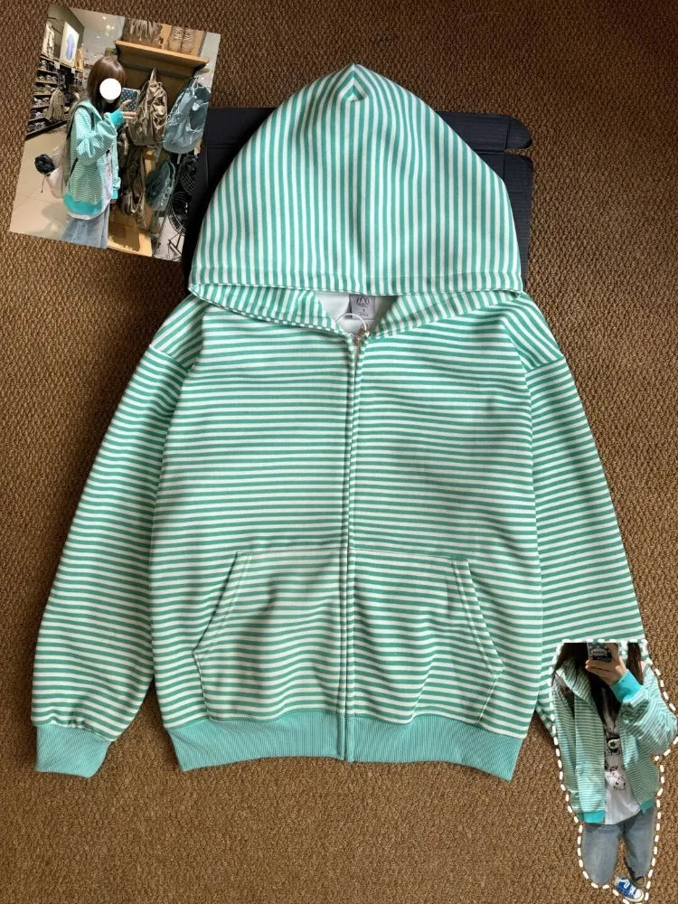  LIZAKOSHT  -  Oversized Loose Fit Mint Green Striped Zip Up Hoodie Women Y2K Vintage Winter Casual Streetwear Daily Wear Sweatshirt New 2027
