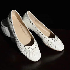 LIZAKOSHT  -   High Quality Women Ruched Rivet Ballet Flats Round Toe Soft Leather Slip on Daily French Casual Flat Shoes Zapatos De Mujer