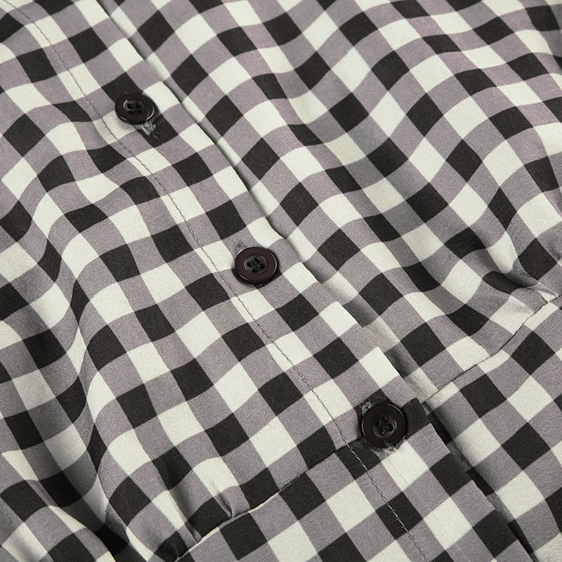LIZAKOSHT  -  French Style Plaid Straight Mini Dress Elegant Single-breasted Short Sleeve Bodycon Robe Back Shrried Slim Outfit Retro