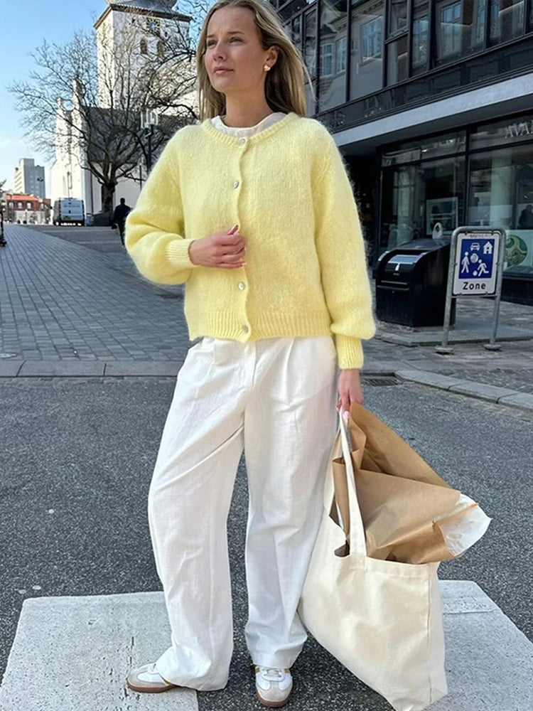 LIZAKOSHT  -  Round Neck Sweater Cardigan Minimalism Cute Soft Waxy Knitted Short Coat Jacket Women Casual Loose Slimming Single Breasted Top