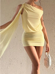 LIZAKOSHT  -  Off-Shoulder Ruched Bodycon Mini Outfit Asymmetric Neck Spring Summer Seaside Cocktail Lady  Chic Resort  Matching Outfit