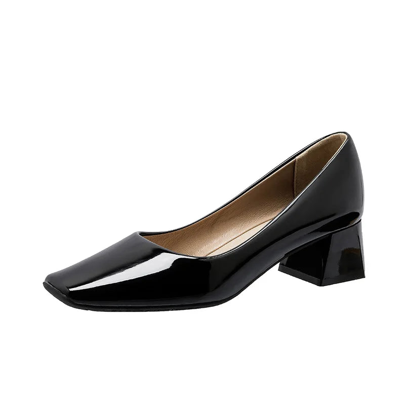 LIZAKOSHT -  Solid Japanned Leather Pumps Woman Block High Heels Shoes OL Ladies Dress Work Escarpins Femmes Designer Luxury Tacones Mujer